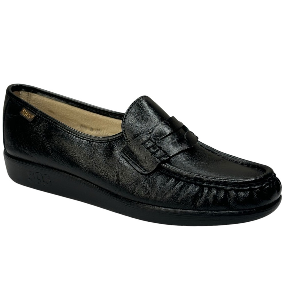 SAS Black Classic Slip On Loafer Leather Walking Comfort Shoe 1.5” Heel Sz 8.5 N